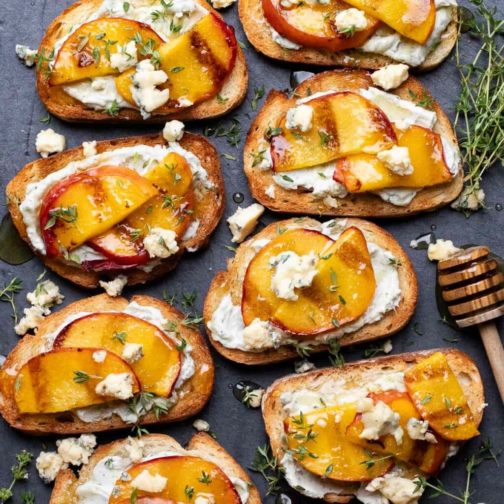 grilled peach bruschetta with honey and blue cheese