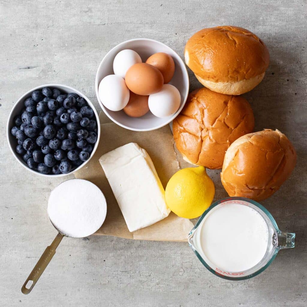 ingredients for blueberry bread pudding with brioche