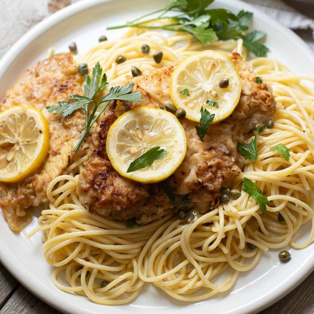 chicken piccata on a bed of lemon caper pasta topped with lemons and parsley