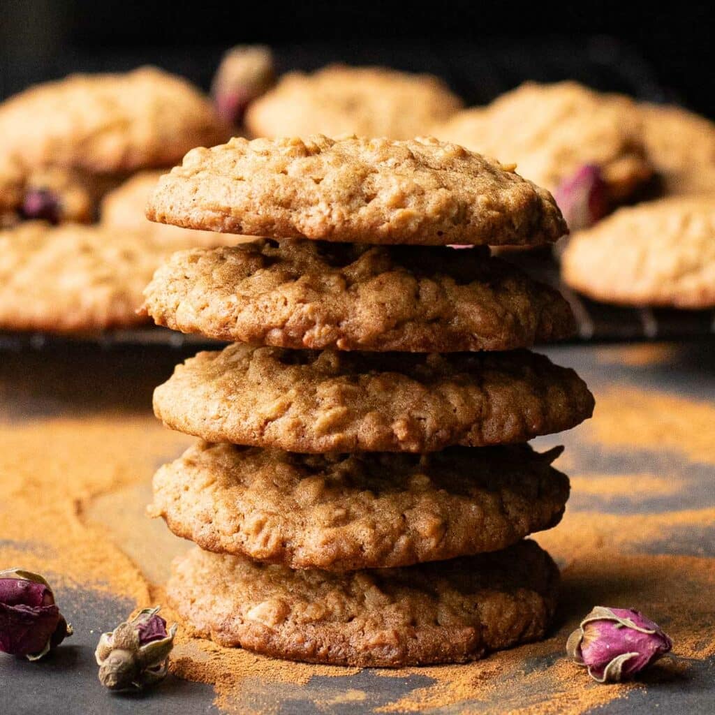 5 oatmeal cookies without butter in a stack