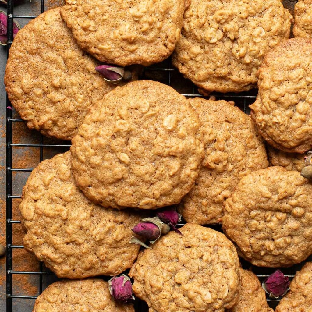a pile of oatmeal cookies without butter on a wire rack