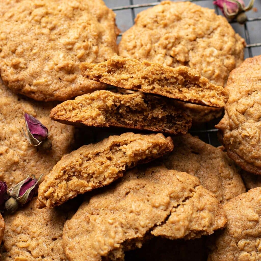 oatmeal cookies without butter broken in half so insides are visible