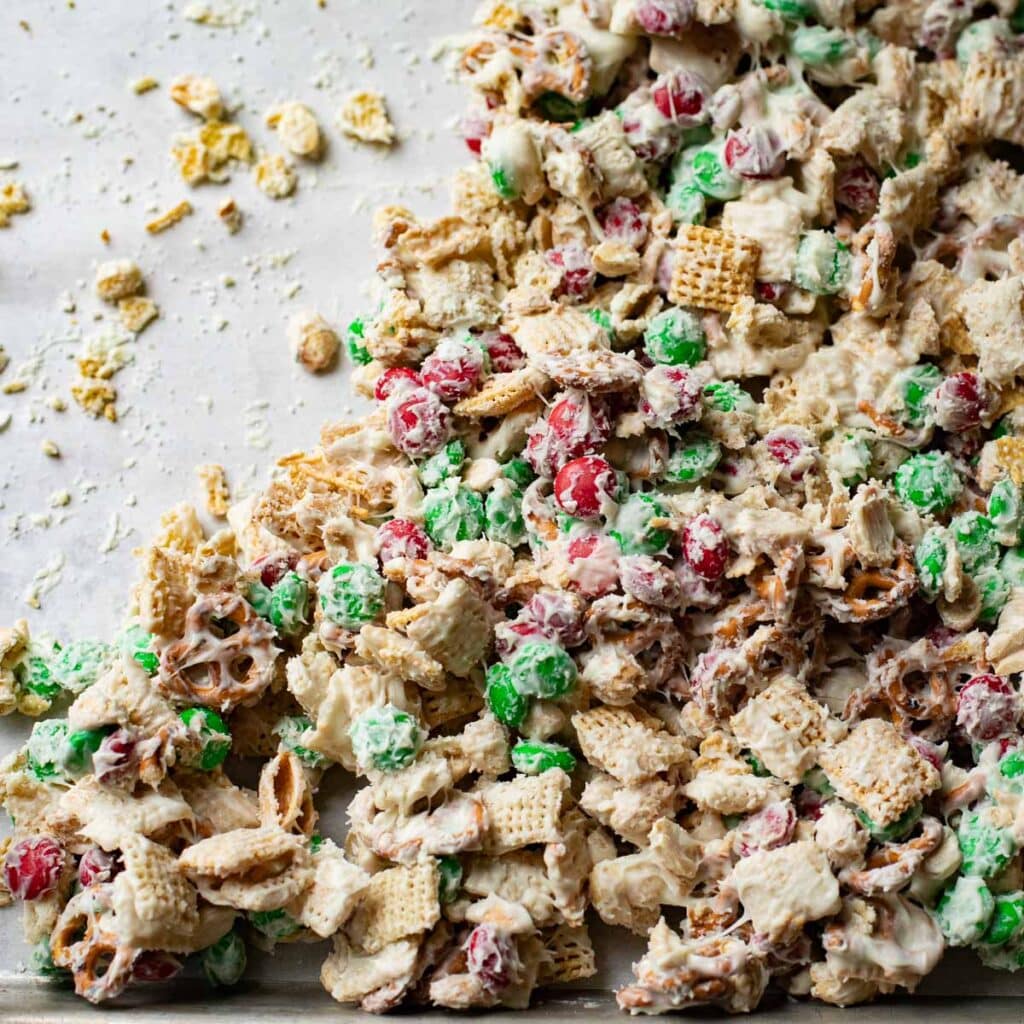Christmas Texas snack mix on a baking sheet