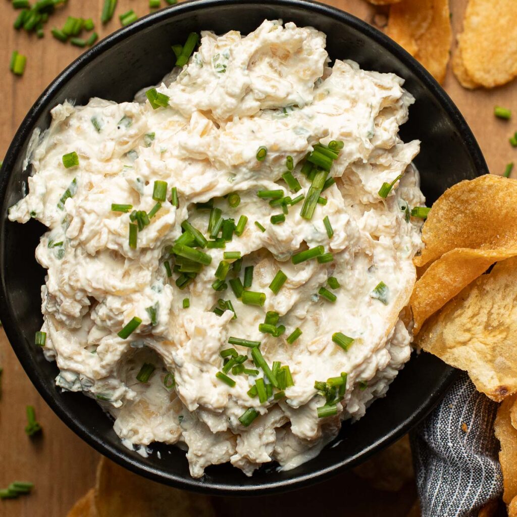 caramelized onion dip topped with diced chives