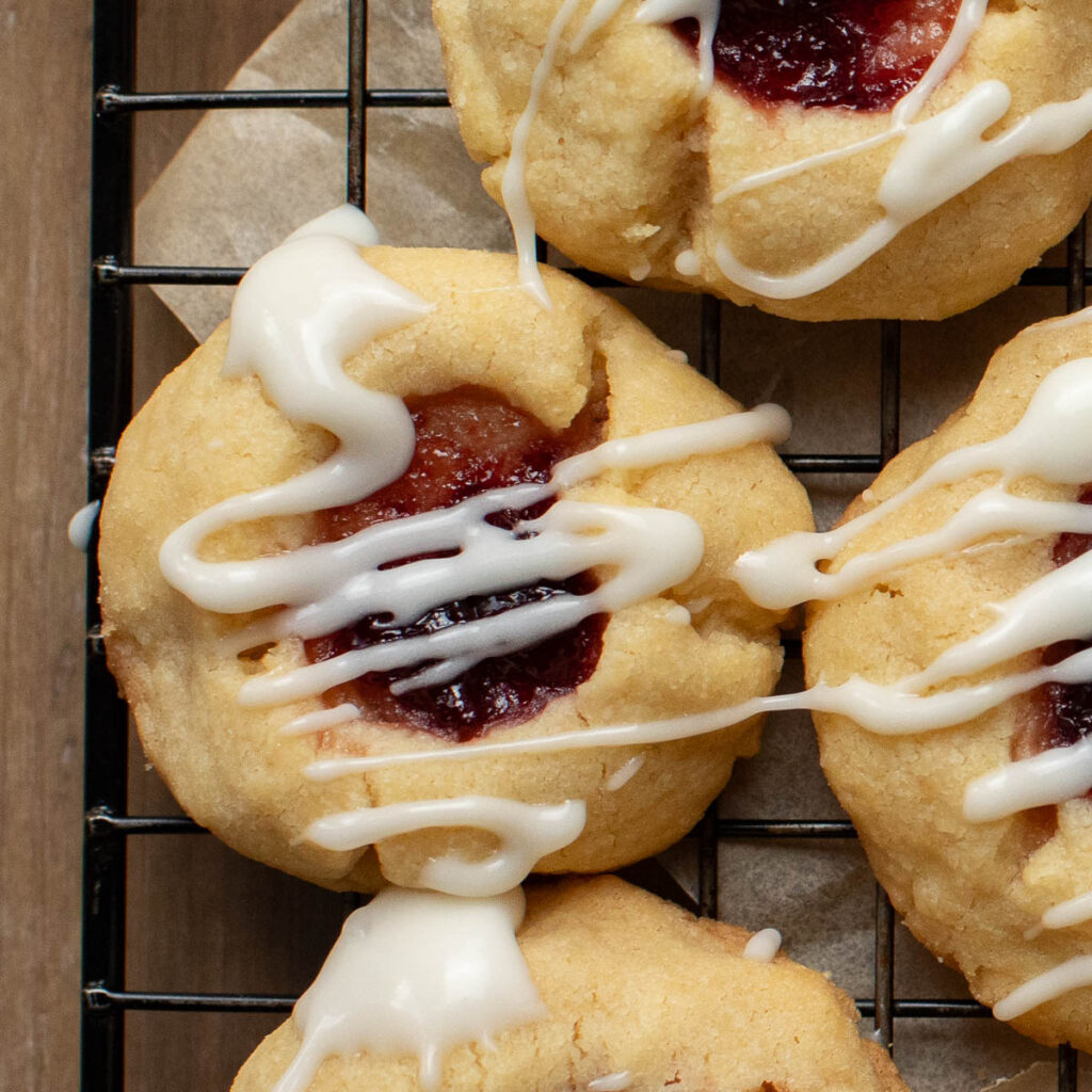 cherry almond thumbprint cookie with icing