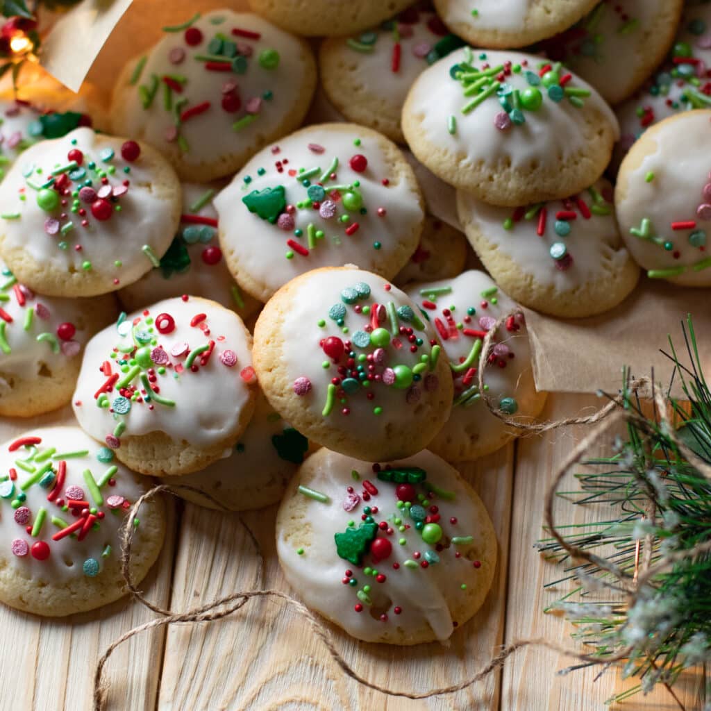 lemon ricotta cookies with lemon glaze and Christmas sprinkles