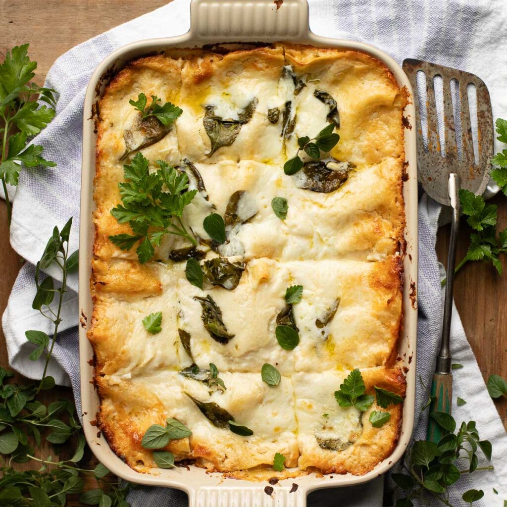 vegetable lasagna with white sauce in a large baking dish