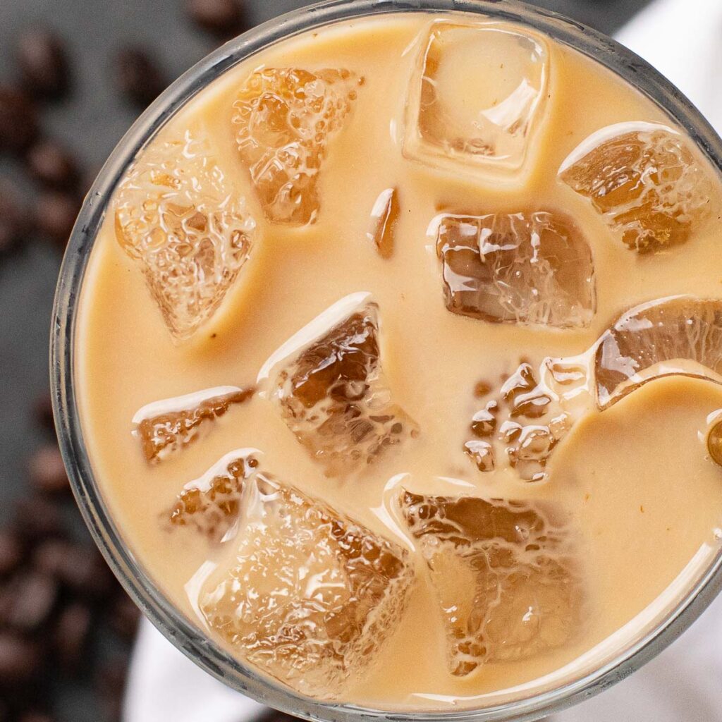 top down view of iced vanilla latte