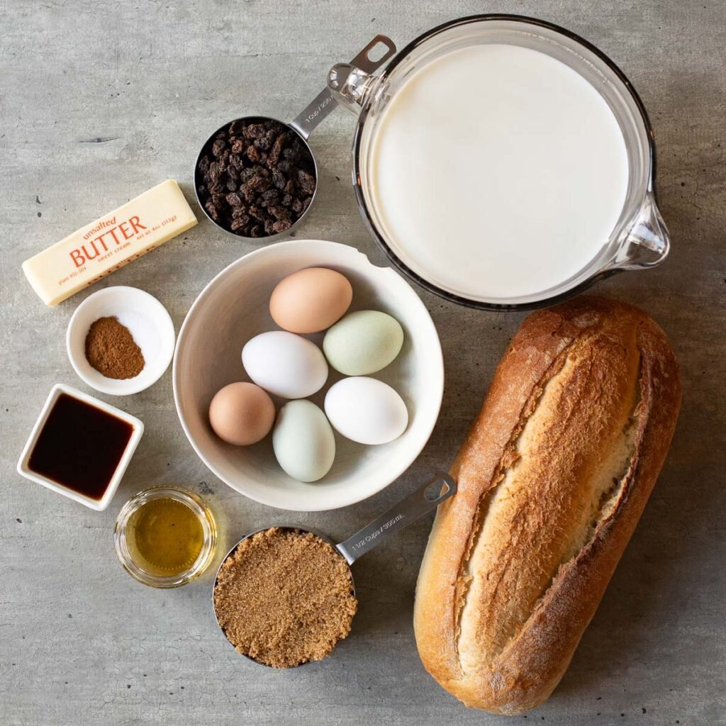 ingredients for Louisiana bread pudding with rum sauce recipe