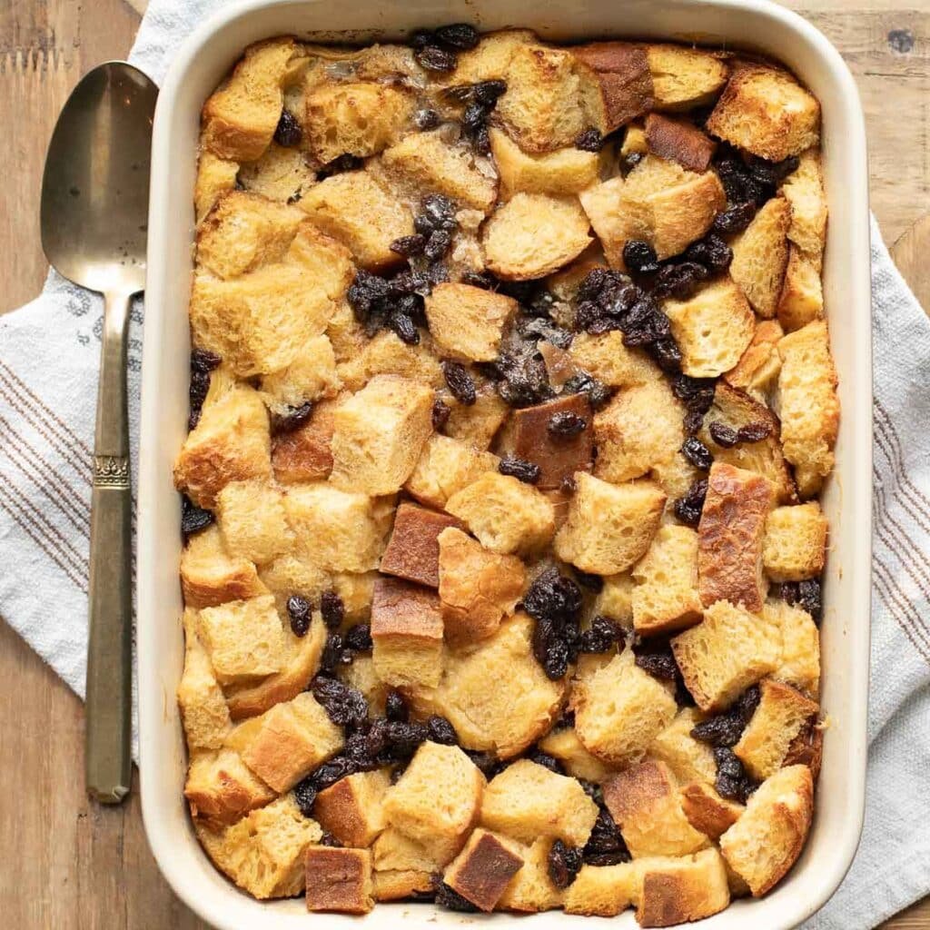 New Orleans bread pudding in a casserole dish