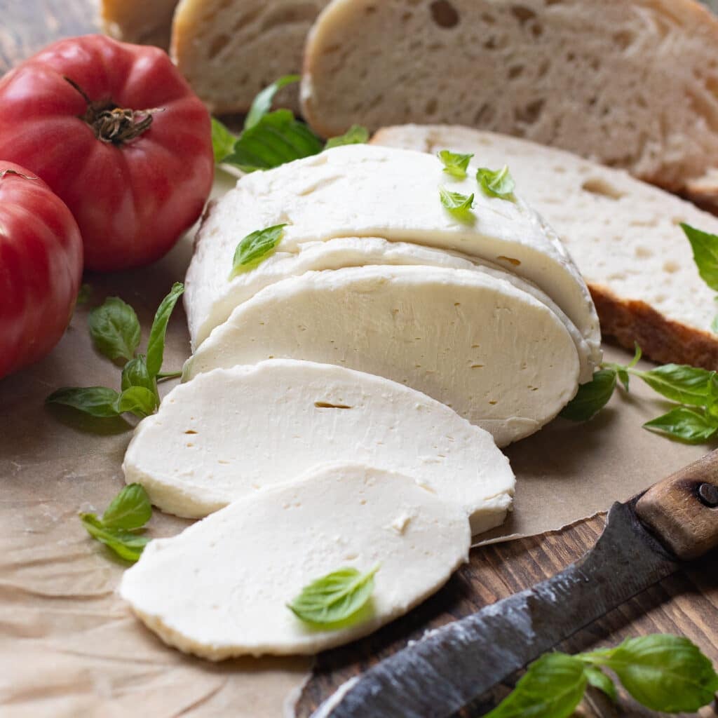 homemade mozzarella cut into slices with fresh basil leaves and tomatoes
