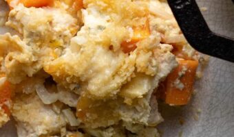 overhead view of chicken squash casserole on a white dish