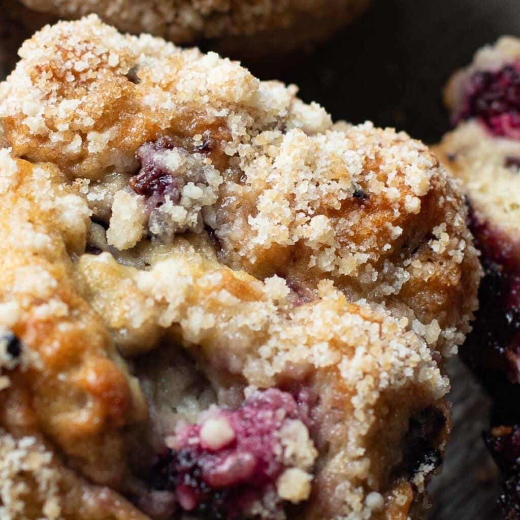 the streusel topping on a blackberry muffin