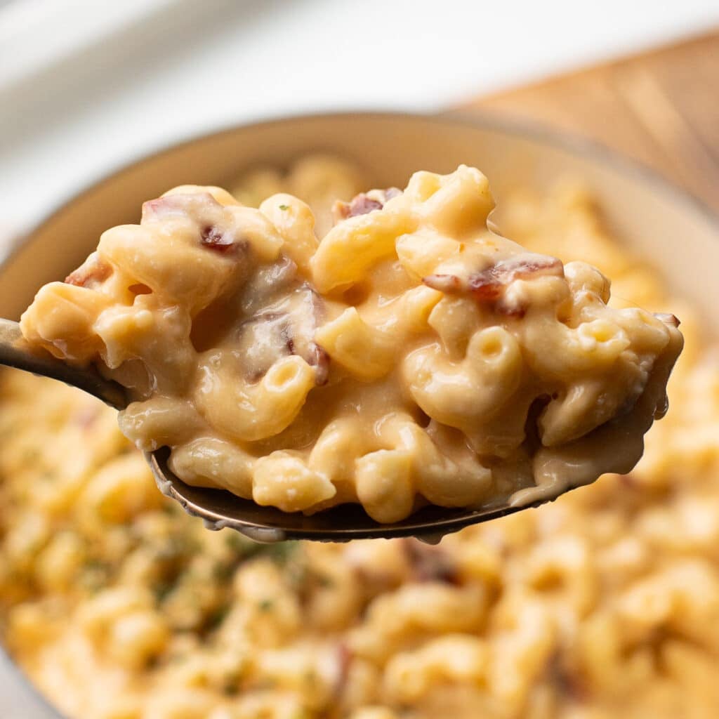 a large spoon holding smoked gouda mac and cheese