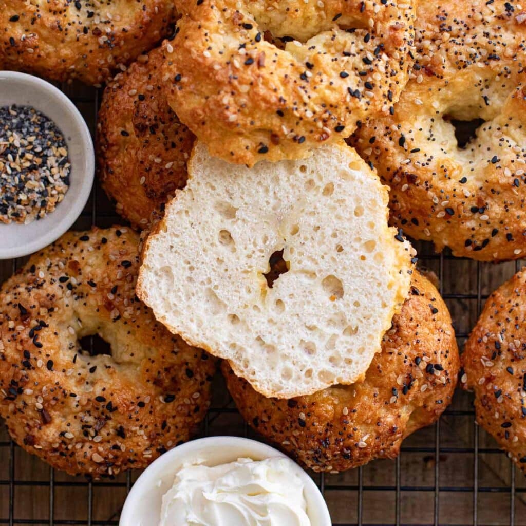 a cottage cheese bagel cut in half so the inside is visible