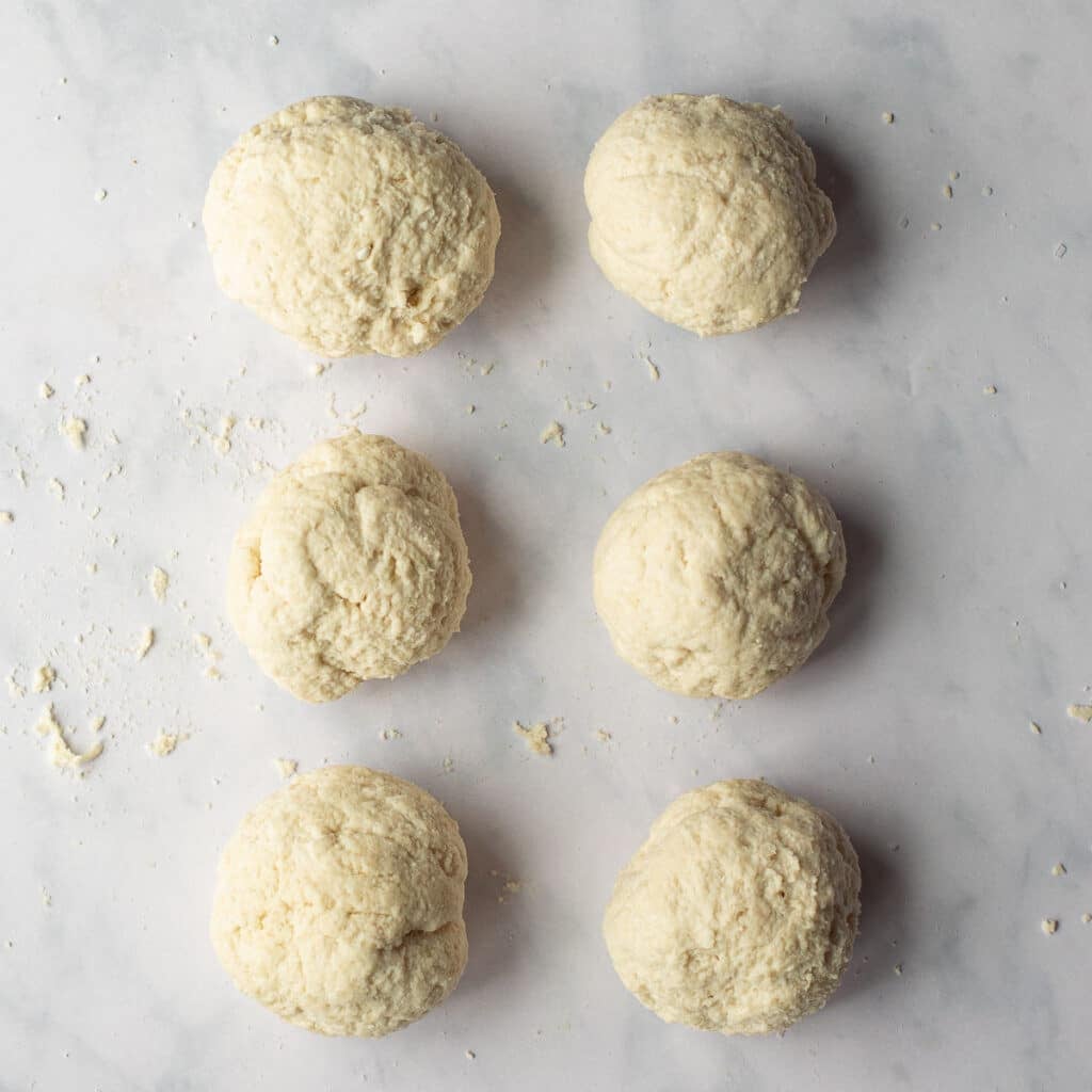 six balls of cottage cheese bagel dough
