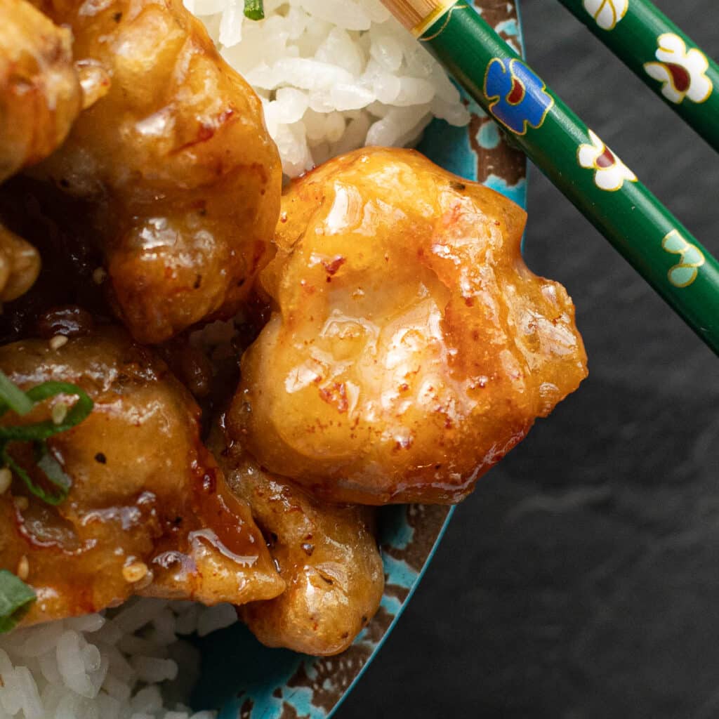 close up view of a piece of honey butter chicken