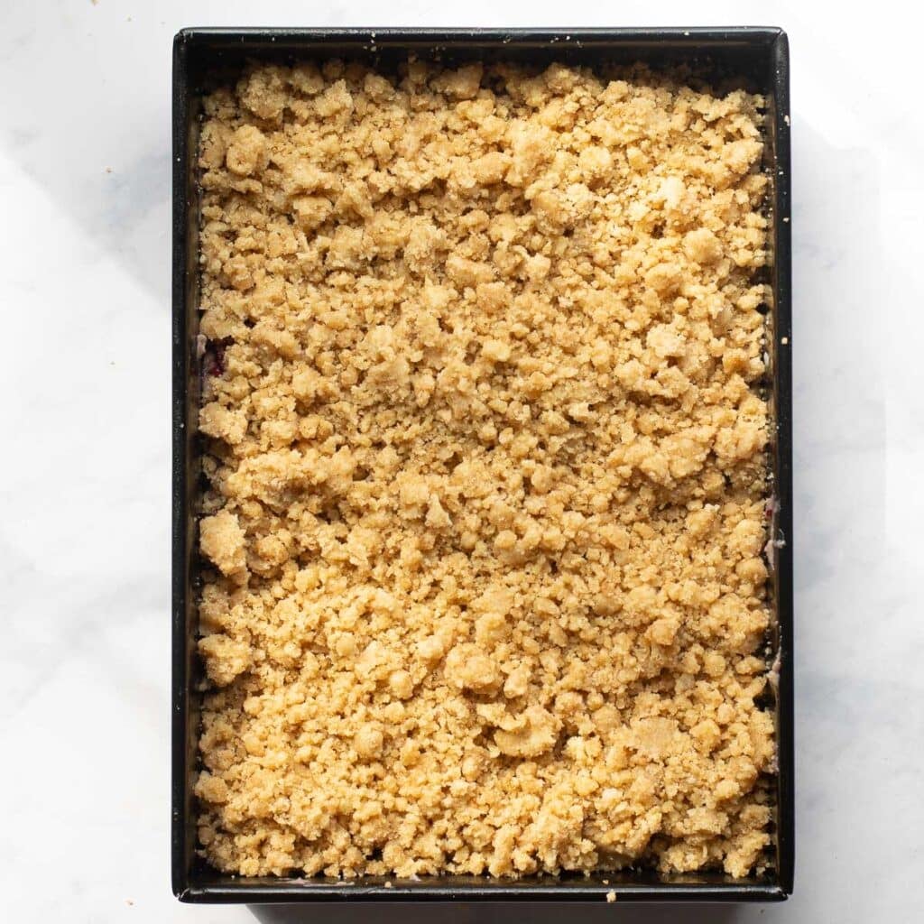 unbaked blackberry coffee cake in a rectangular pan