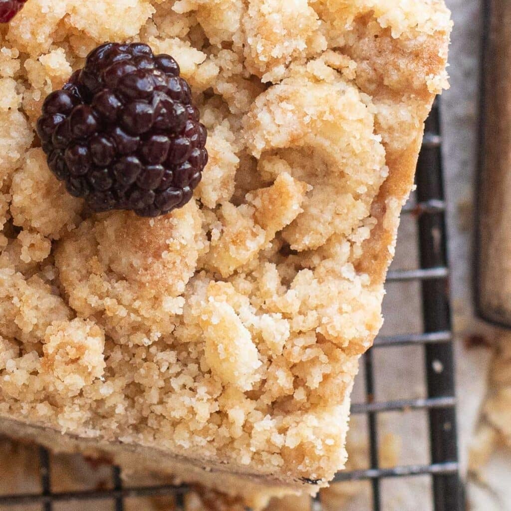 a piece of blackberry coffee cake topped with streusel and a fresh blackberry