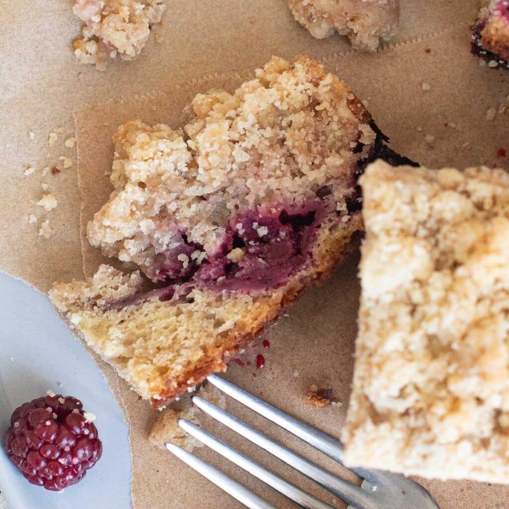 a slice of blackberry coffee cake