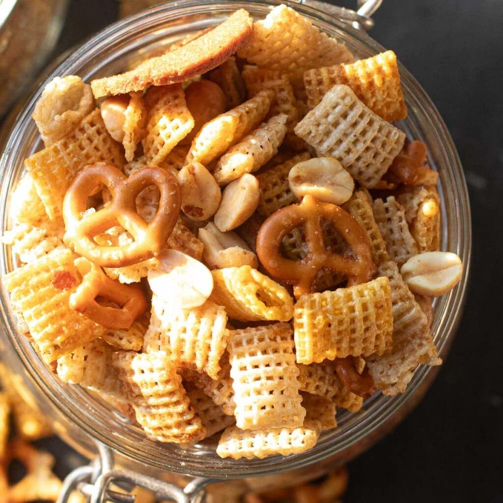 Chex mix in a glass bowl