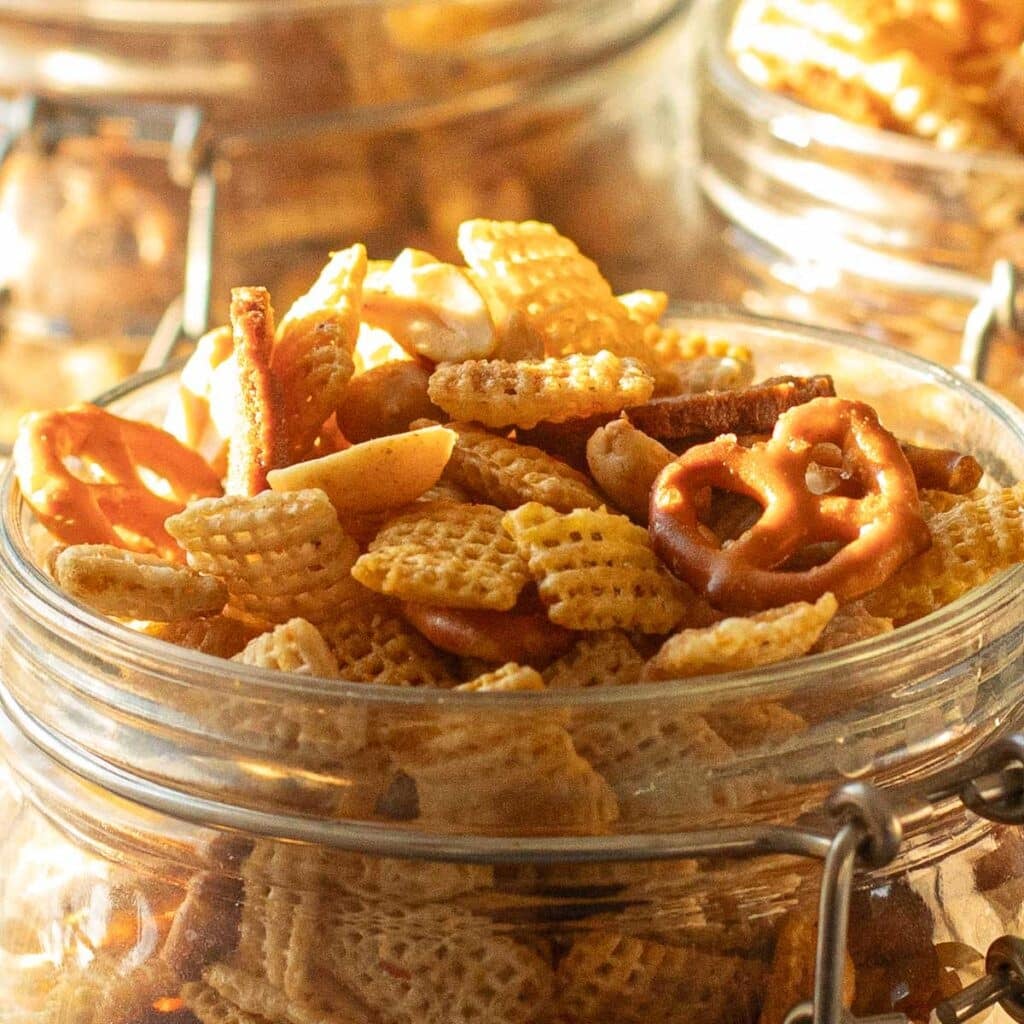 Chex mix in a glass jar