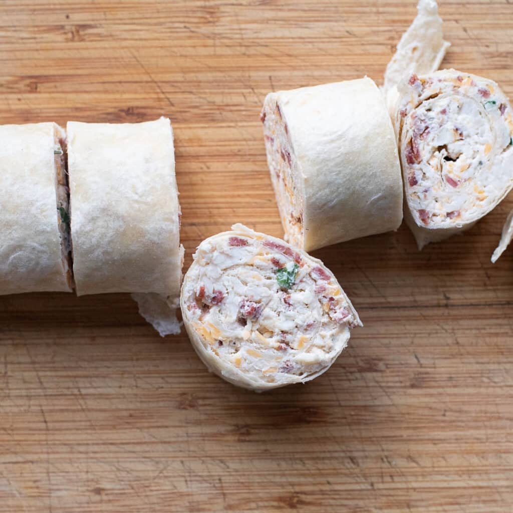 chicken pinwheels after being sliced into pieces