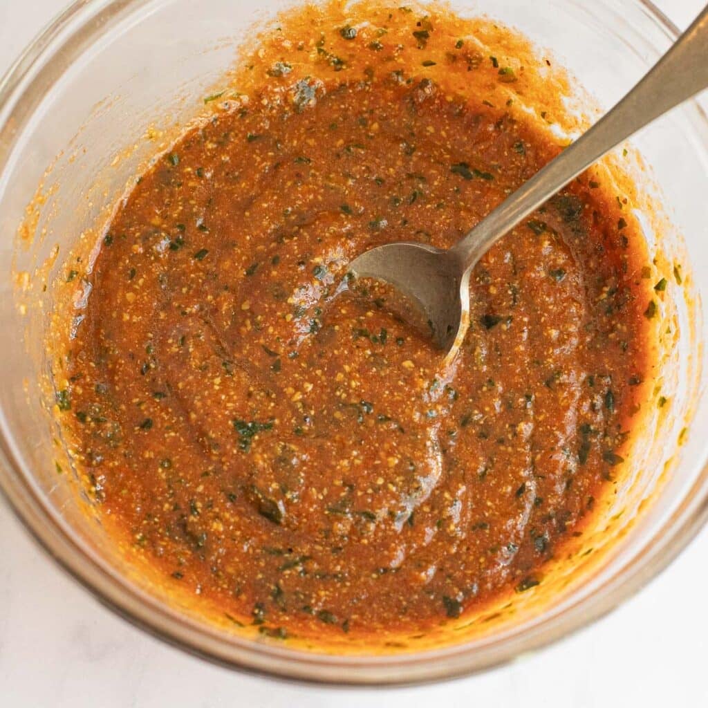 pizza sauce in a mixing bowl