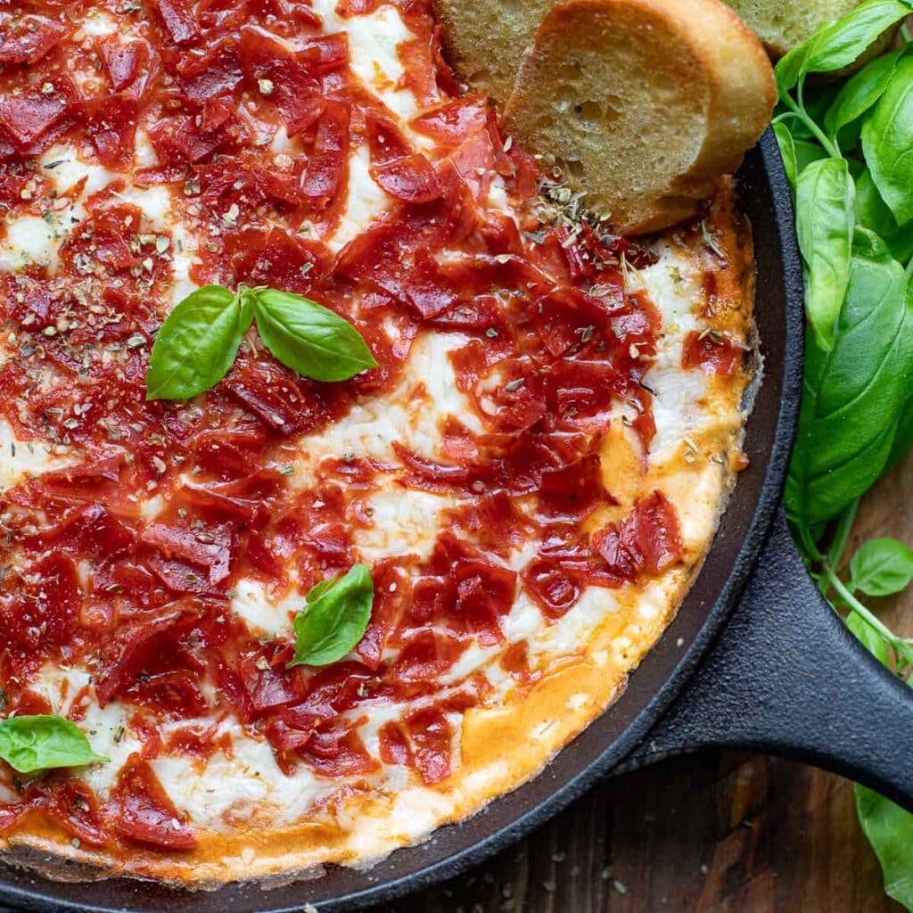 pepperoni pizza dip in cast iron skillet