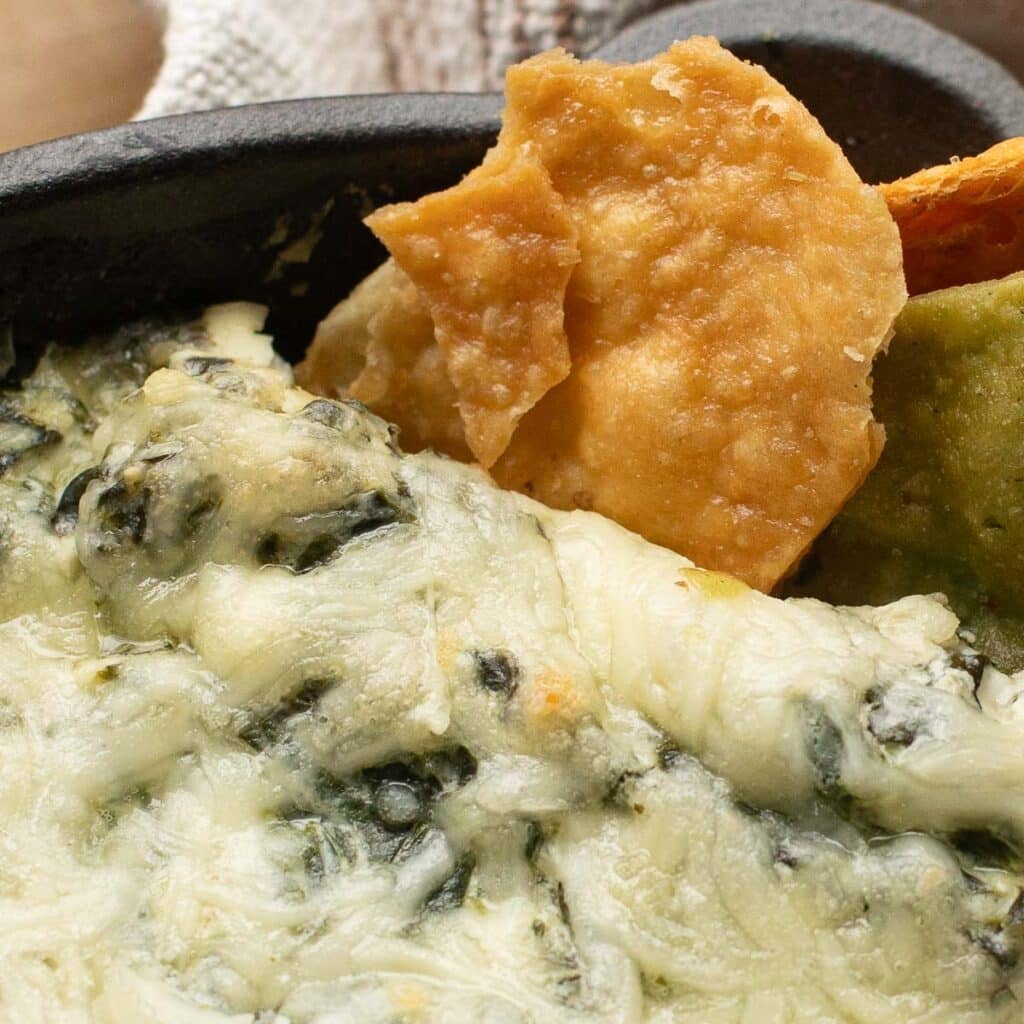 close up view of hot spinach dip