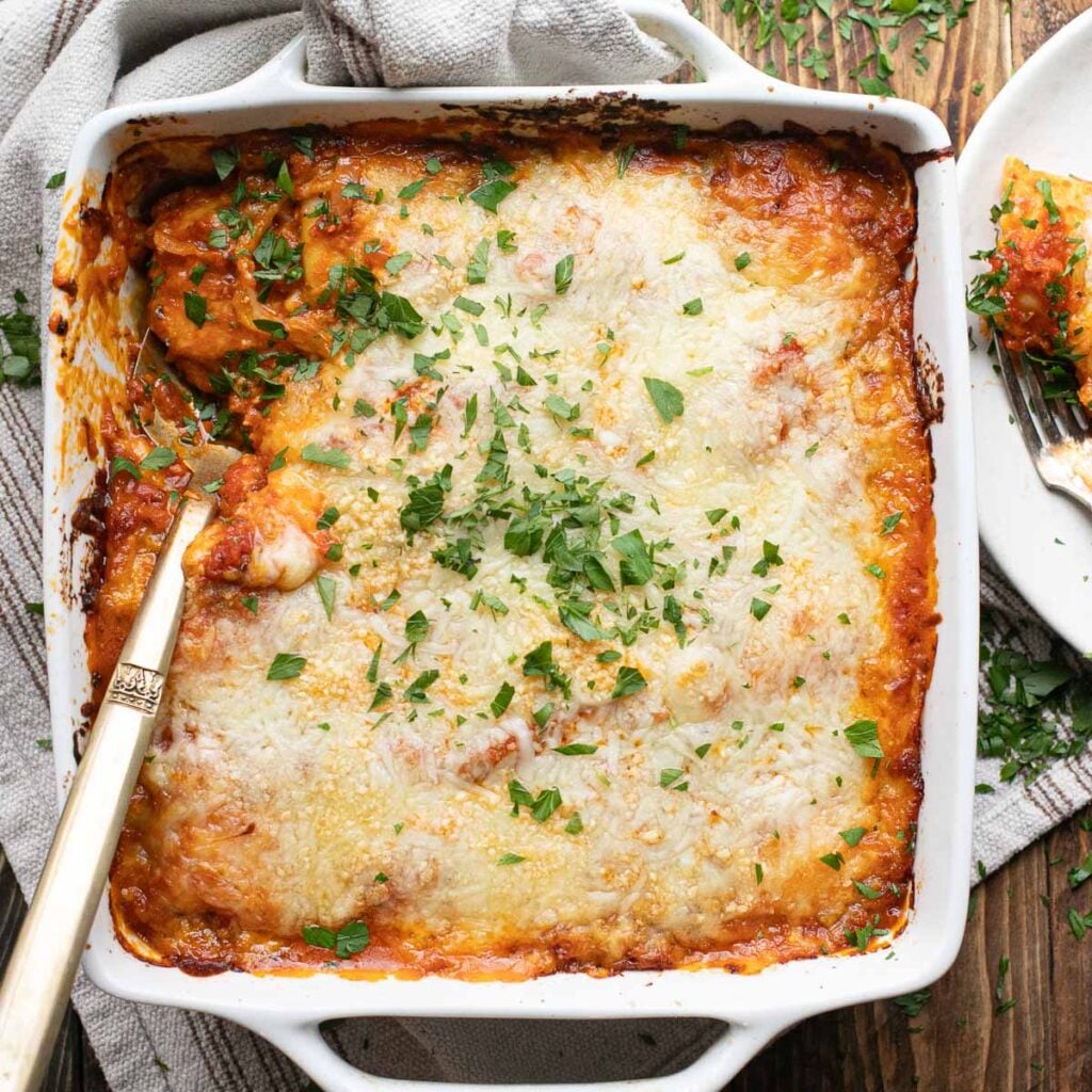 overhead view of baked ravioli casserole