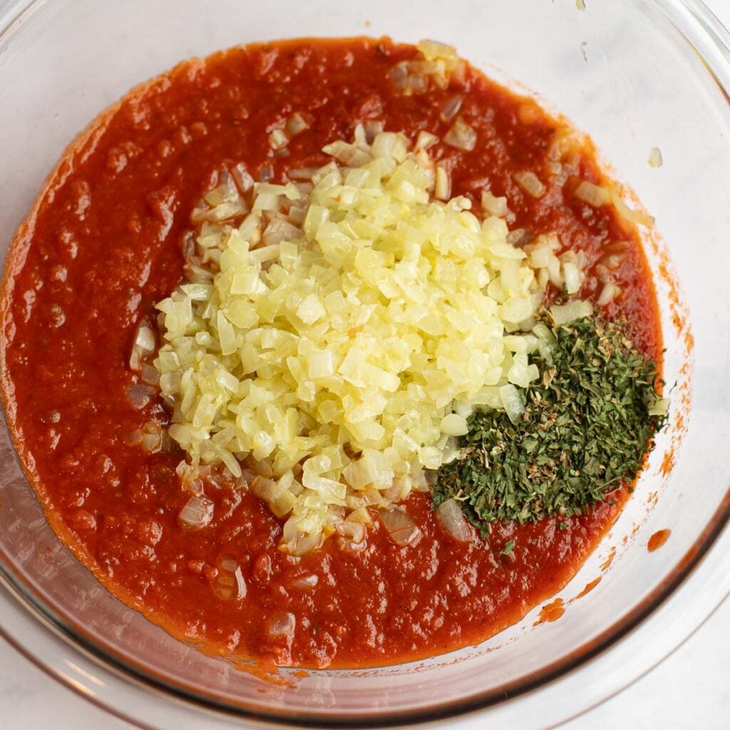 tomato sauce, sauteed onions and dried spices in a mixing bowl