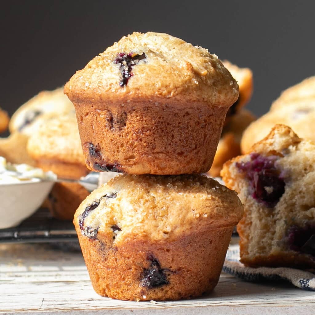 2 blueberry cottage cheese muffins stacked on each other