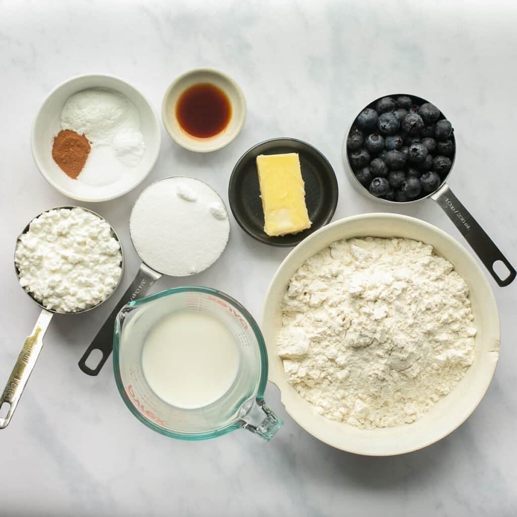 ingredients for blueberry cottage cheese muffins recipe
