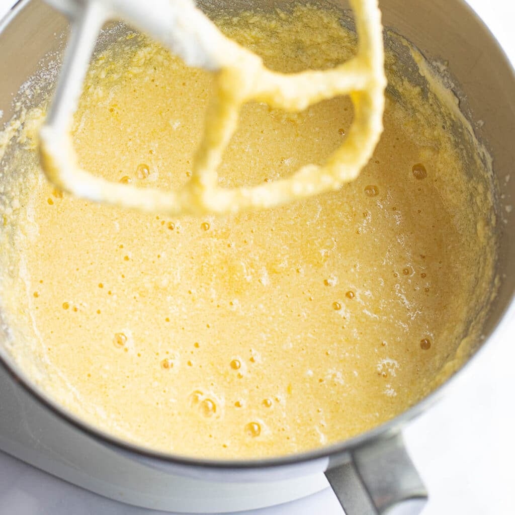 cake batter in a stand mixer