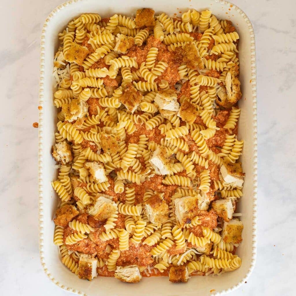 chicken parm casserole before it is baked