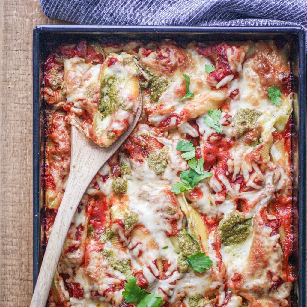 stuffed shells in a baking pan