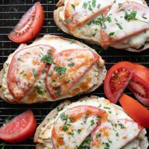 open faced tuna melt sandwich on a wire rack