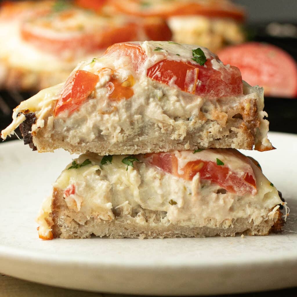 two halves of a Tuna Melt sandwich stacked on each other