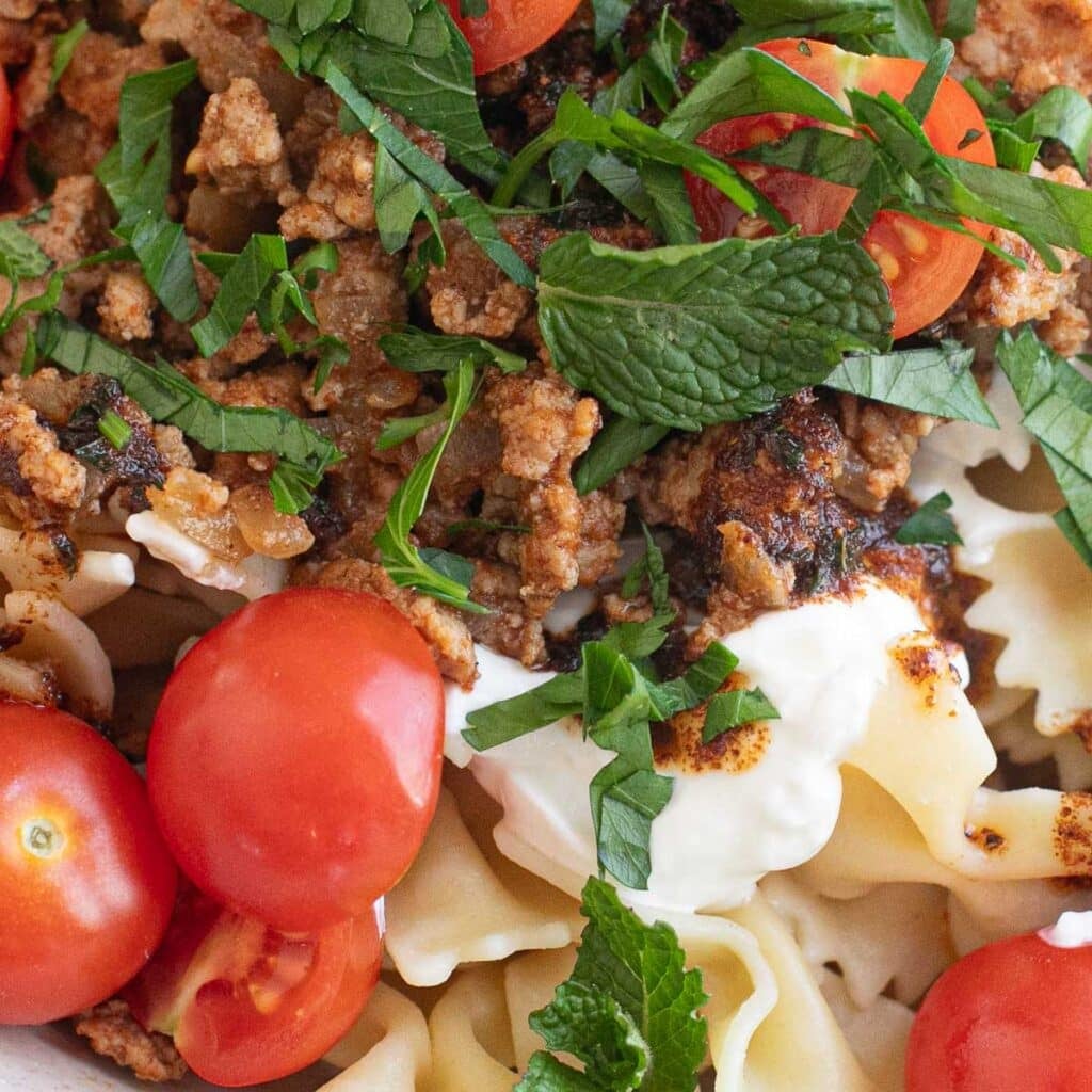 close up view of Turkish pasta with fresh mint and parsley