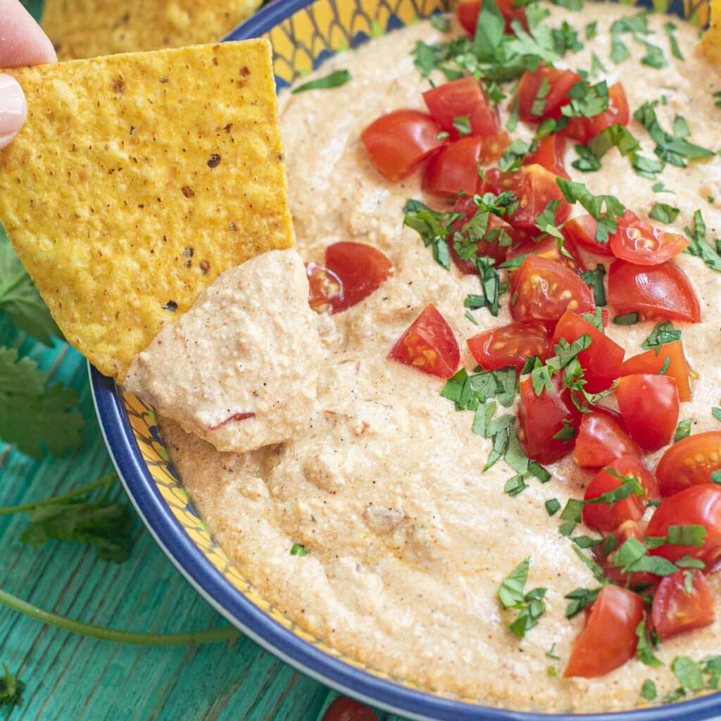 a tortilla chip dipping into a bowl of cottage cheese queso