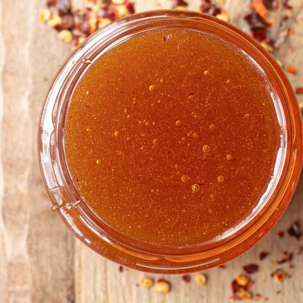 overhead view of a jar of hot honey