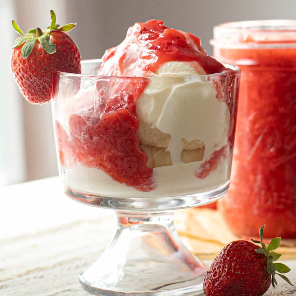 vanilla ice cream in a glass bowl topped with strawberry sauce