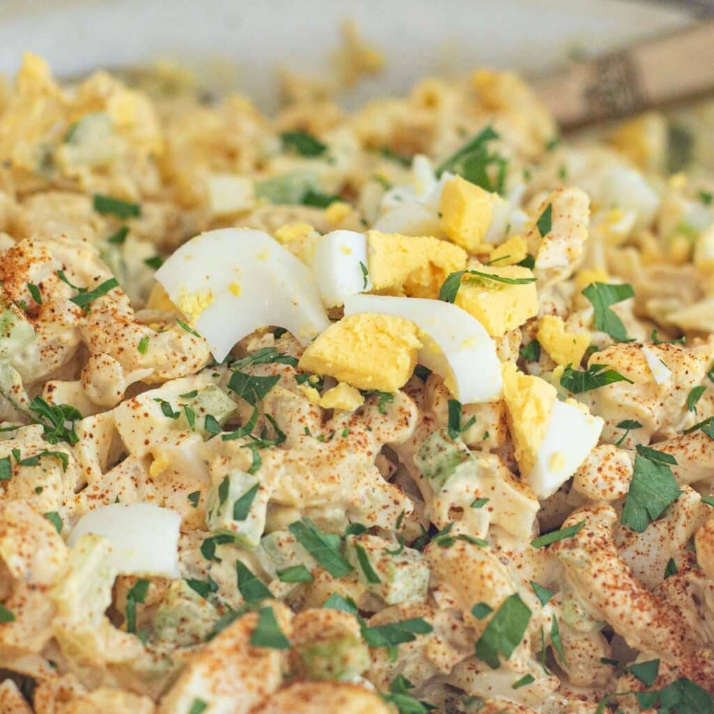 close up view of deviled egg macaroni salad 