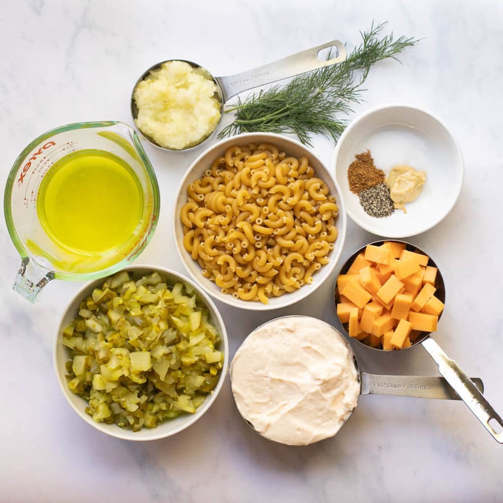 ingredients for dill pickle macaroni salad recipe