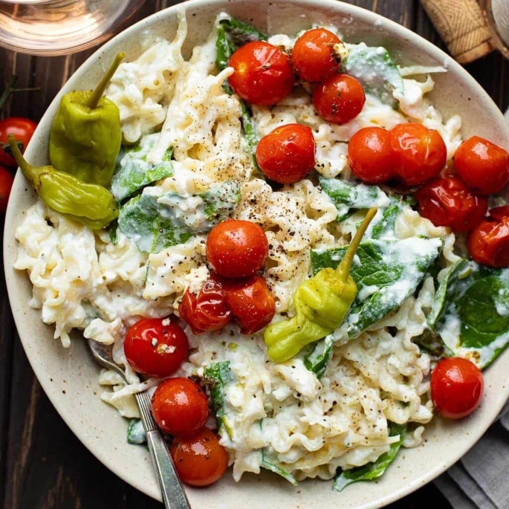 Feta Pasta with Spinach and Burst Tomatoes