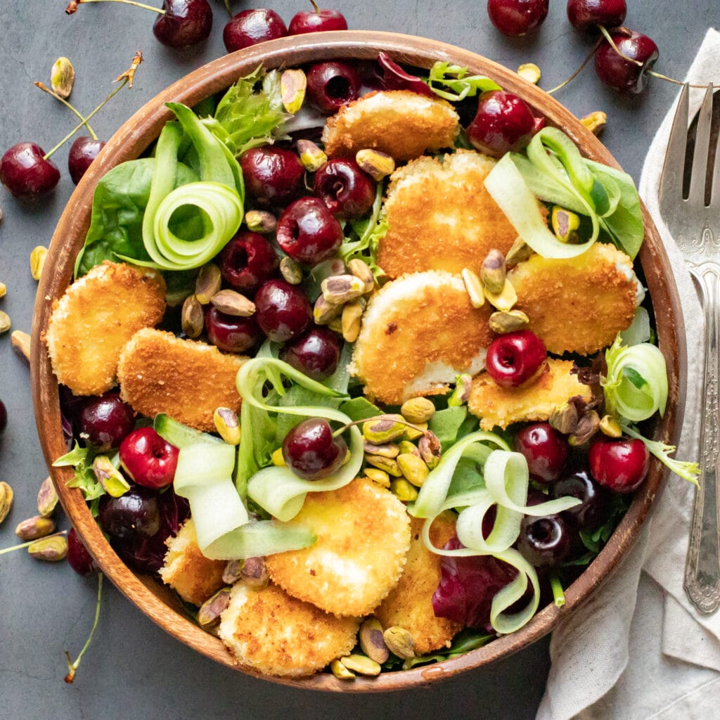 Fried Goat Cheese & Cherry Salad with Roasted Shallot Vinaigrette