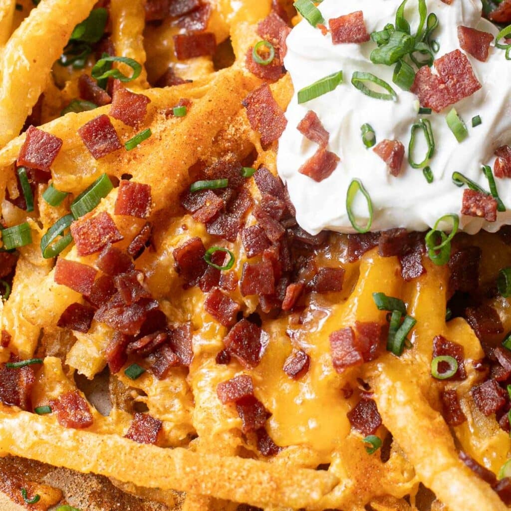 close up view of loaded fries topped with bacon bits and chopped scallions