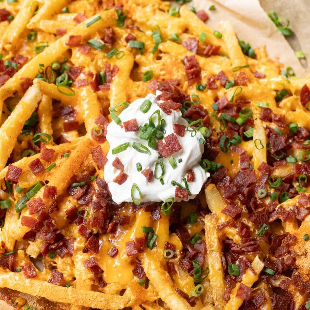 loaded French fries topped with sour cream, bacon bits and scallions