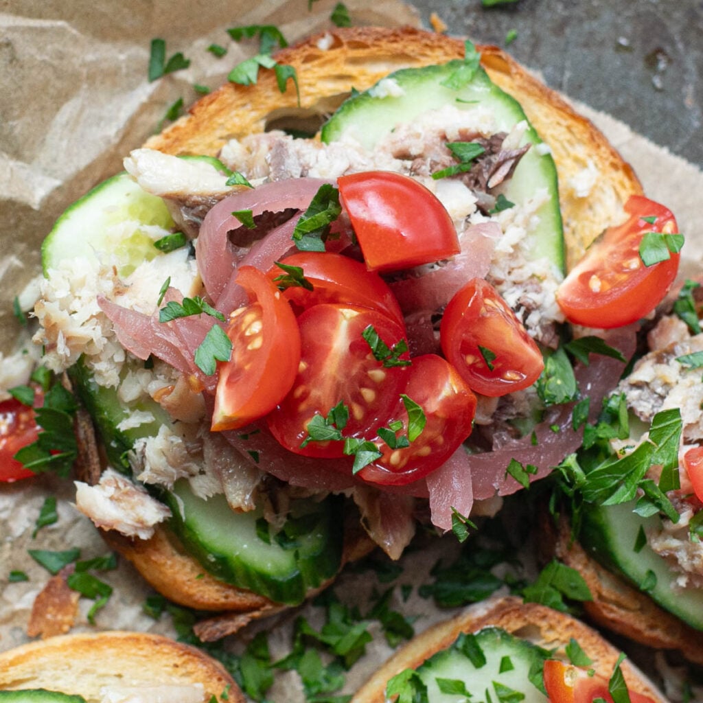 overhead view of a piece of sardine toast